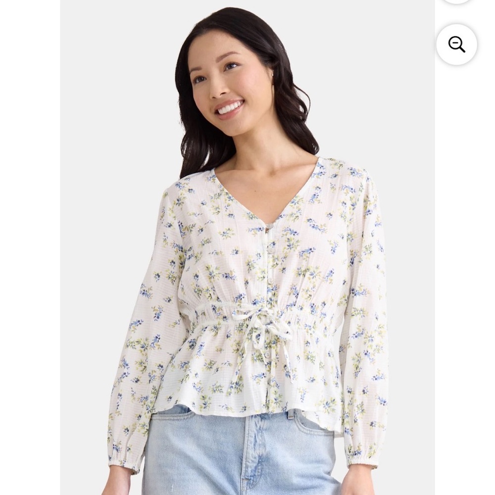 Time and Tru Floral Print V-Neck Tie-Waist Blouse Long Sleeve Blouse size M
